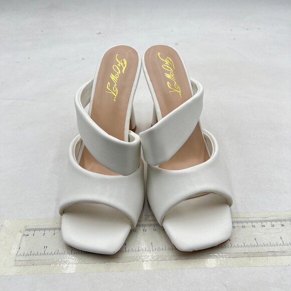 FOWT White Square Open Toe Cushioned Strap Block High Heel Slippers Slip on Mule - Picture 3 of 8